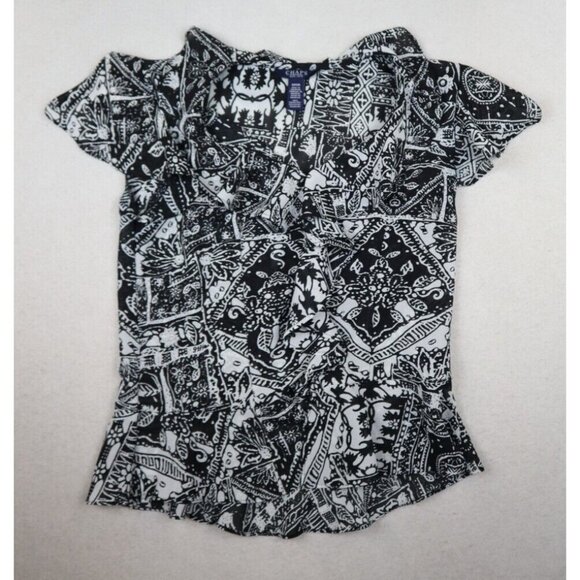 CHAPS - WOMEN'S BLACK & WHITE PRINT RUFFLE CHIFFON BLOUSE - SIZE S - Picture 1 of 8